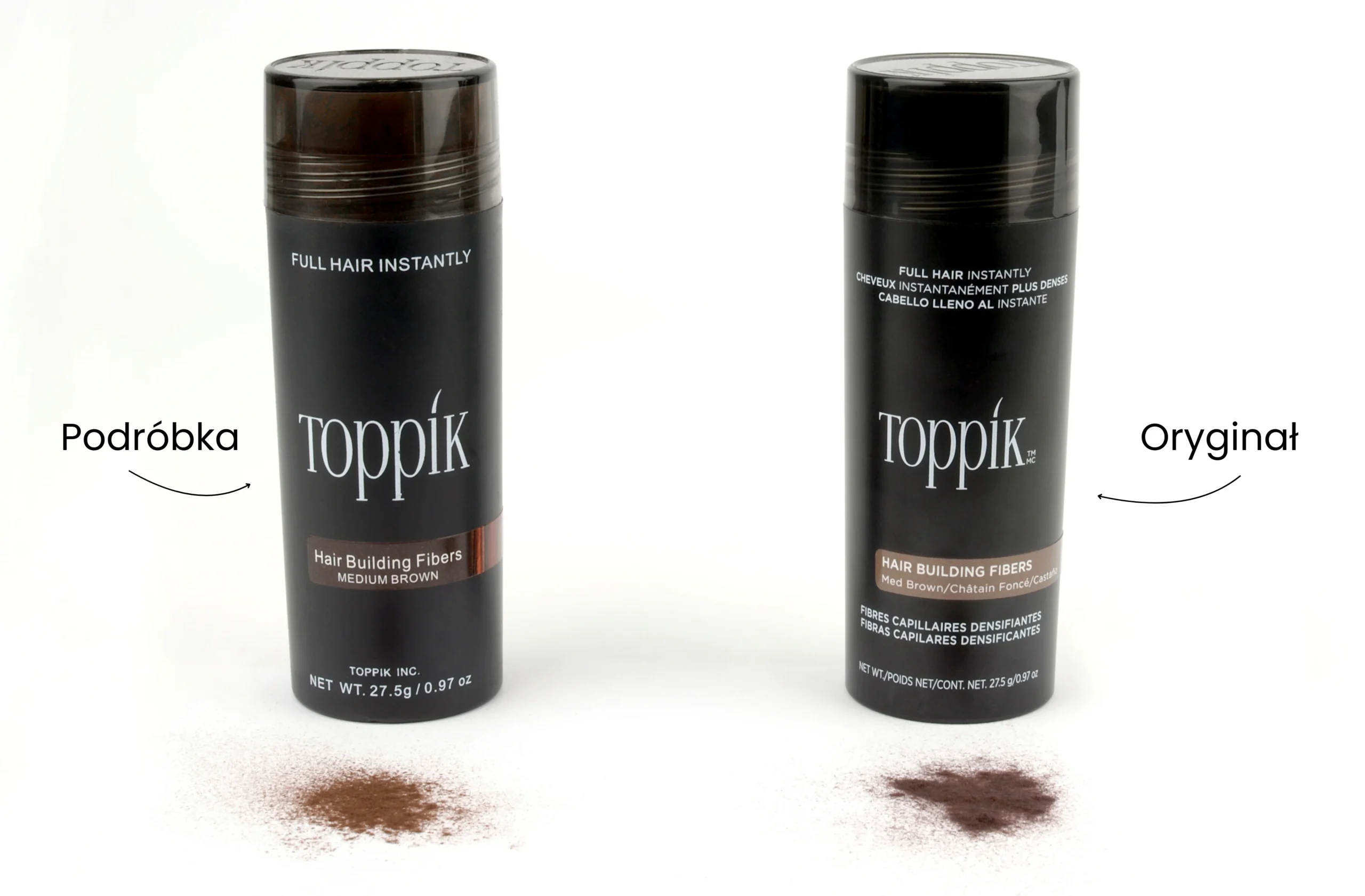 porównanie podróbki i oryginału produktu Toppik