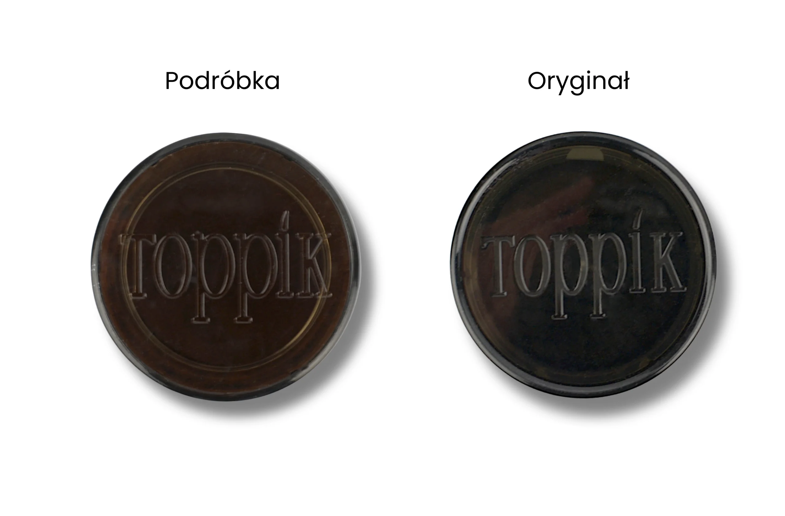 porównanie wieczek podróbki i oryginału produktu Toppik