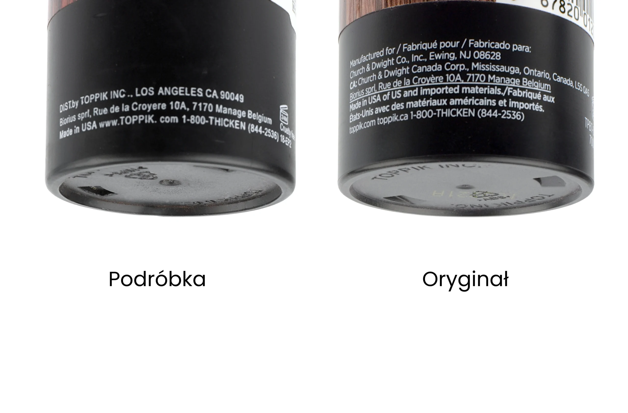 porównanie spodu podróbki i oryginału produktu Toppik